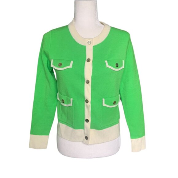 Set - Old Money Inspired  – Green Cardigan & Cream Checkered Knit Pants - Picture 1 of 12